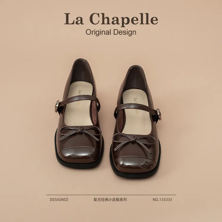 拉夏贝尔秋天高质量粗跟黑色英伦风百搭单鞋法式小皮鞋玛丽珍女鞋