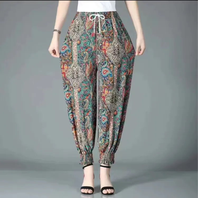 加大加肥妈妈款九分裤女夏季松紧腰大码中老年束脚冰雪丝防蚊裤