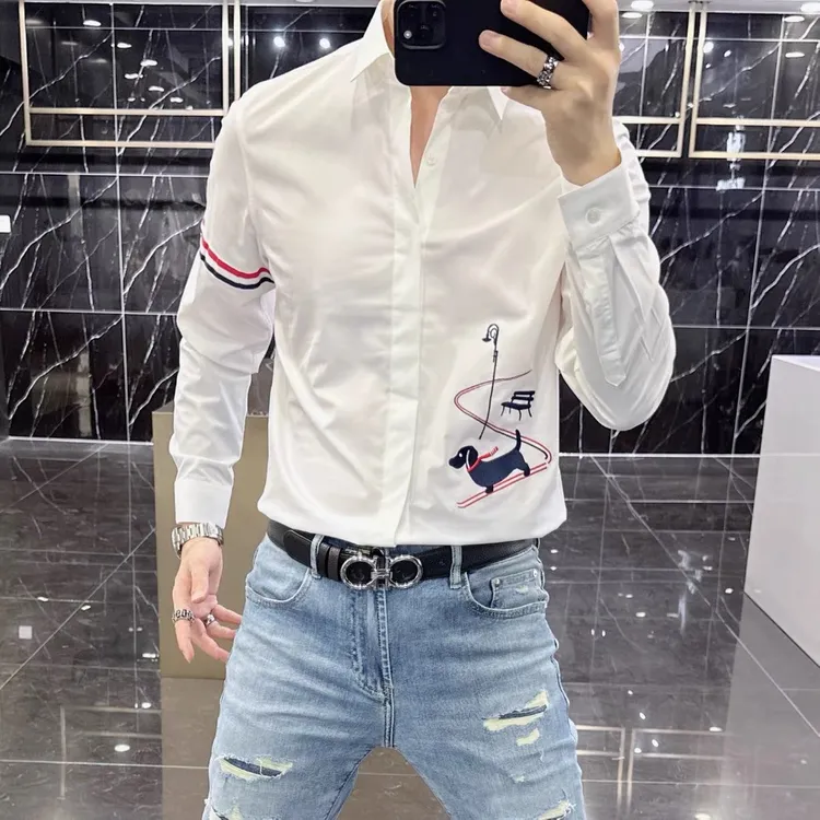 2025春秋新款长袖衬衫男款欧货高端刺绣微弹潮流时尚修身白色衬衣