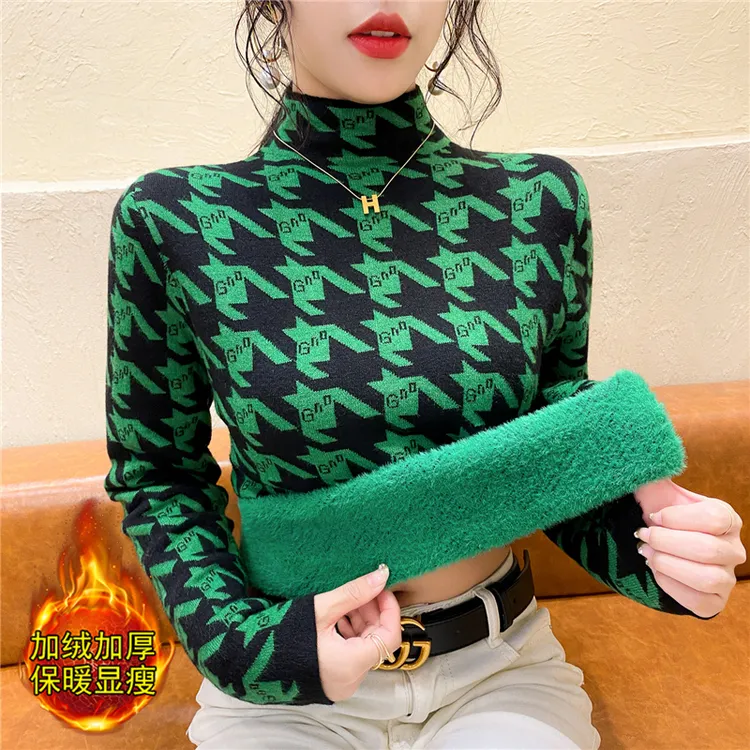 秋冬季半高领套头一体绒千鸟格打底衫毛衣女士百搭洋气保暖上衣