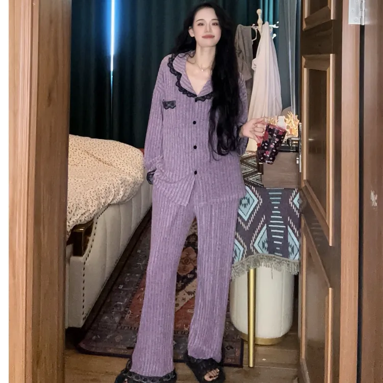 (羊密绒)保暖睡衣女秋冬薄绒丝绒气质小香风女士家居服套装紫色