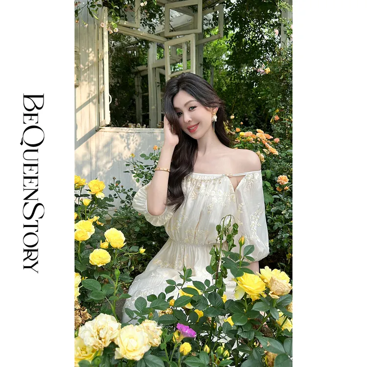 BeQueenStory【浮云花瑶】重工绣花一字肩连衣裙轻奢小众高级感女装