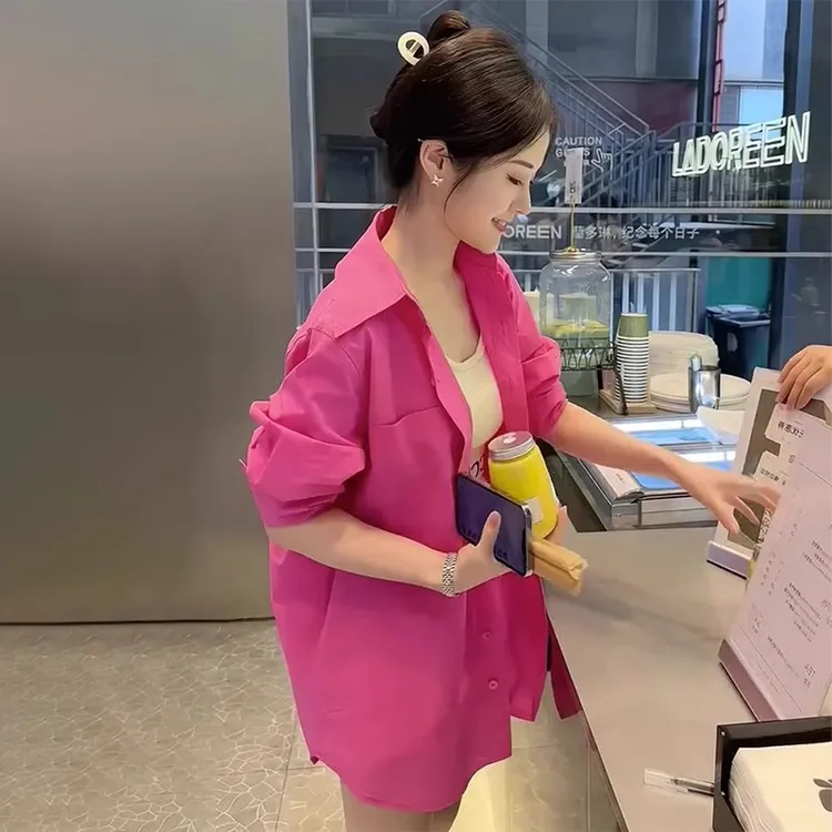 玫红色衬衫女2024早秋装新款衬衣设计感小众百搭宽松显瘦长袖上衣