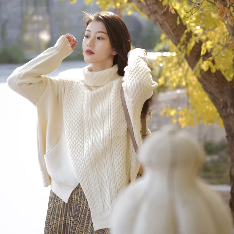 毛衣女新款秋冬日系慵懒风盐系麻花高领外穿宽松加厚洋气潮针织衫