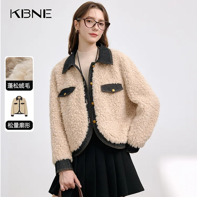 KBNE小香风外套女款爆款2025新款冬季复古牛仔拼接毛绒外套设计感
