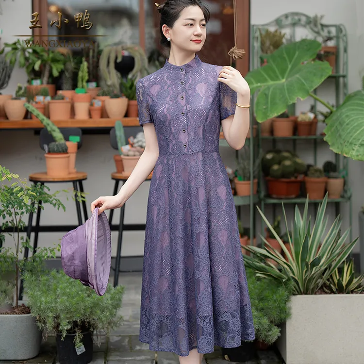 王小鸭正品夏季新款气质温柔别致轻奢蕾丝刺绣复古法式连衣裙优雅