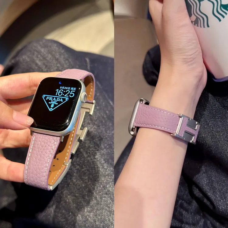【春花秋月】适配于苹果applewatch1-11seUItra高级荔枝纹磁吸H扣带