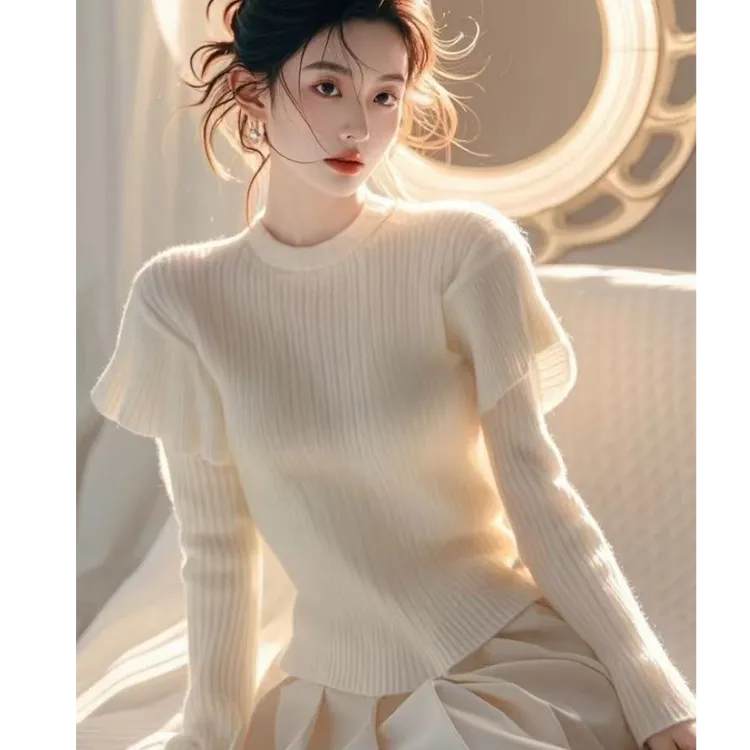 2024新款时尚气质小香风针织衫软糯慵懒风飞飞袖白色毛衣女款秋冬