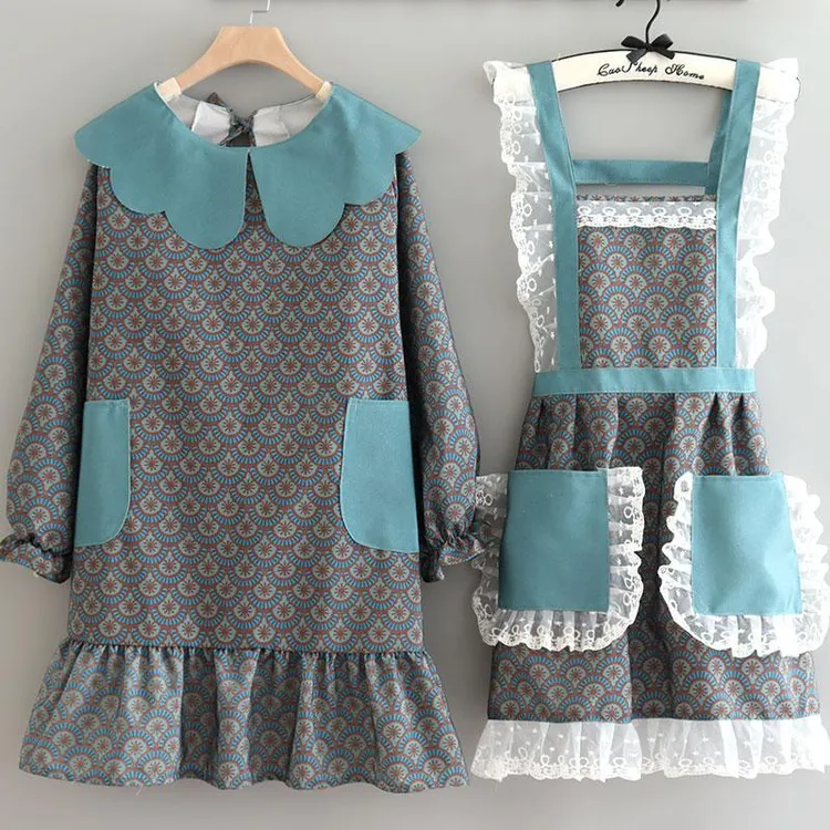 帆布厨房时尚围裙女透气耐磨家用围腰长袖罩衣工作服可爱定制印字