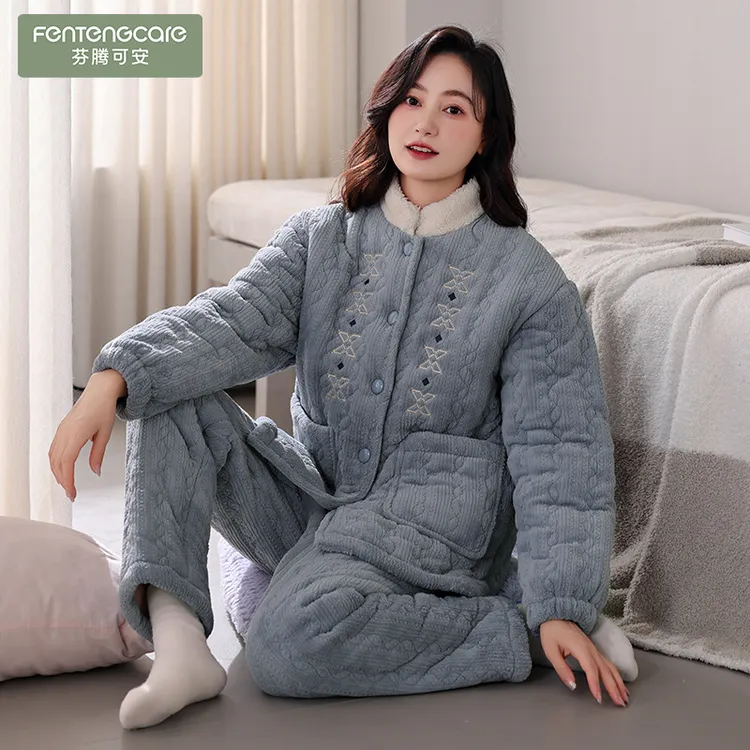 芬腾可安睡衣女士套装高领长袖2025年冬季三层夹棉加绒加厚保暖女