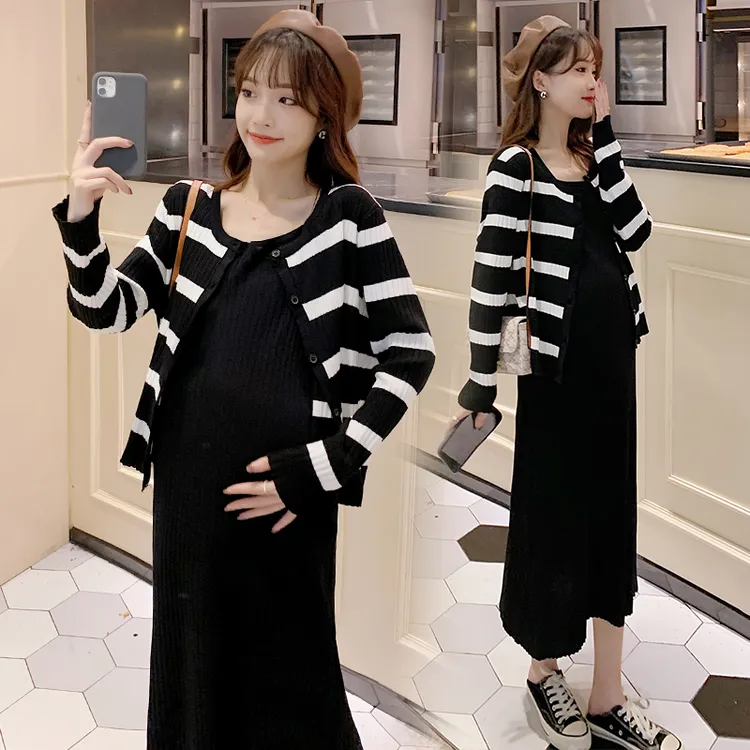 2025春秋孕妇装秋装两件套时尚条纹上衣吊带裙套装秋季孕妇连衣裙