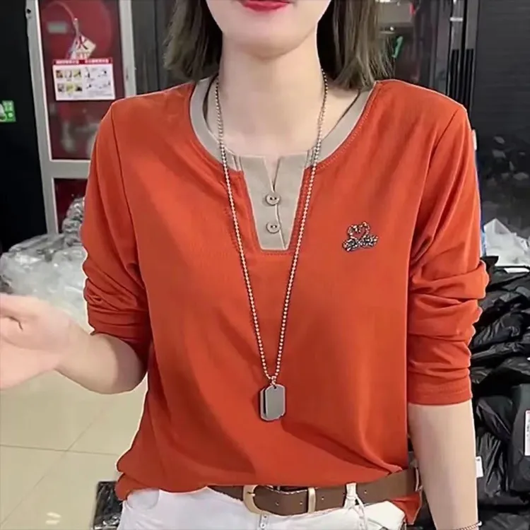 春秋新款女士剪刀领烫钻小天鹅打底宽松显瘦气质长袖百搭T恤