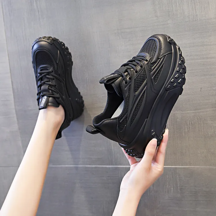 增高8cm黑色老爹鞋女2024春季新款透气网面女鞋厚底内增高休闲鞋