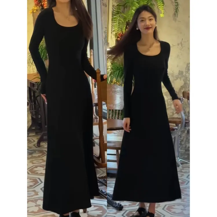 长袖连衣裙内搭长裙磨毛棉修身春新A字大摆裙气质百搭纯色打底裙