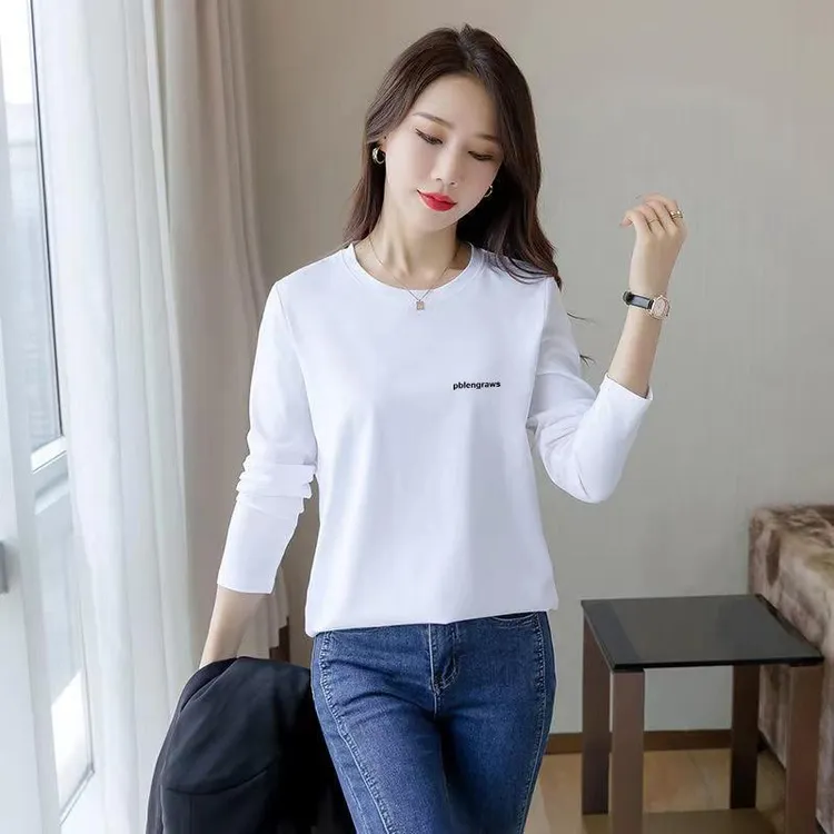 白色长袖t恤女2025春秋新款宽松简约休闲百搭打底衫女装圆领上衣