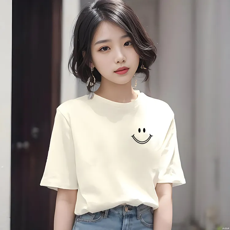 2025夏季新款白色圆领宽松短袖t恤女韩版印花正肩半袖体恤上衣潮