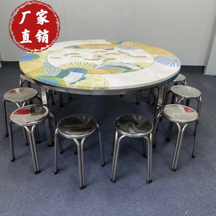 爆款彩图圆桌圆桌子折叠桌转盘餐桌食堂饭桌乡村家用酒店圆形桌子