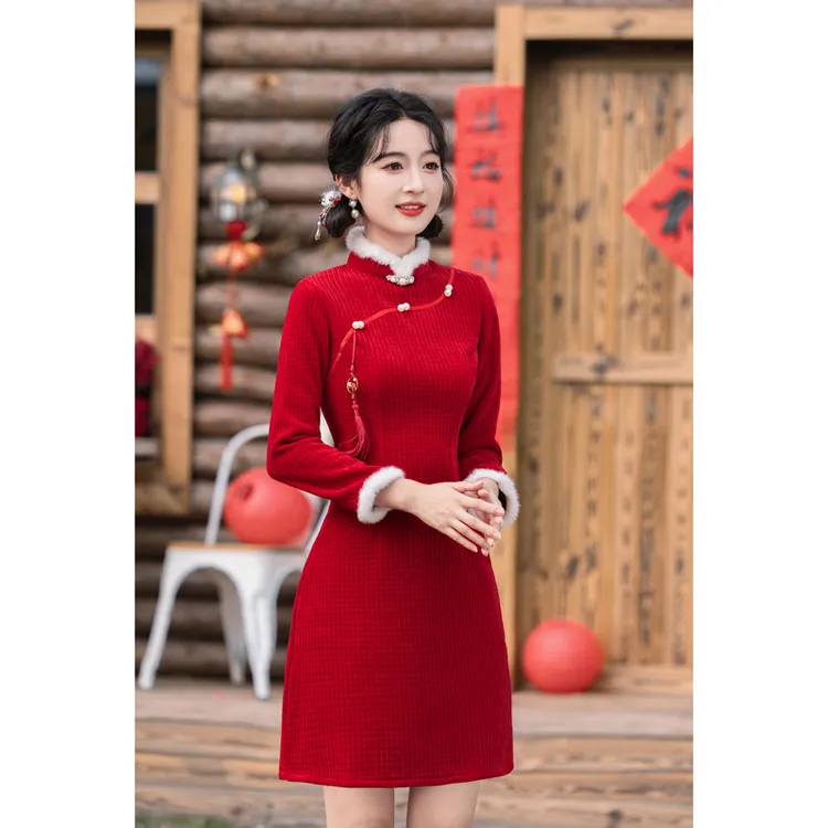 小个子冬季显瘦改良中式旗袍冬款加绒中国风日常连衣裙-鸾凤和鸣