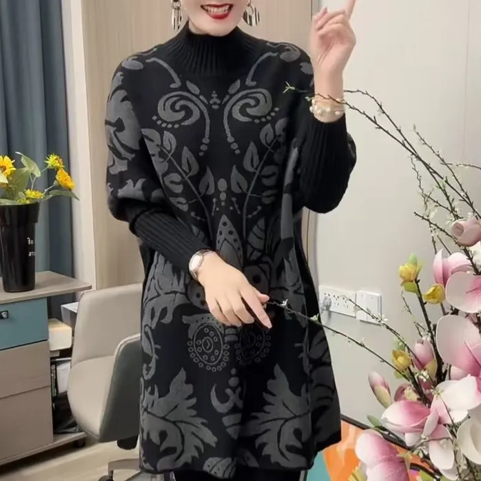 新款大码遮肉遮臀打底衫女2025春冬款中式花色宽松显瘦加厚针织衫