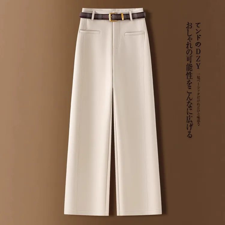 米色毛呢阔腿裤女秋冬2025新款高腰显瘦加厚柔软糯米裤窄版直筒裤