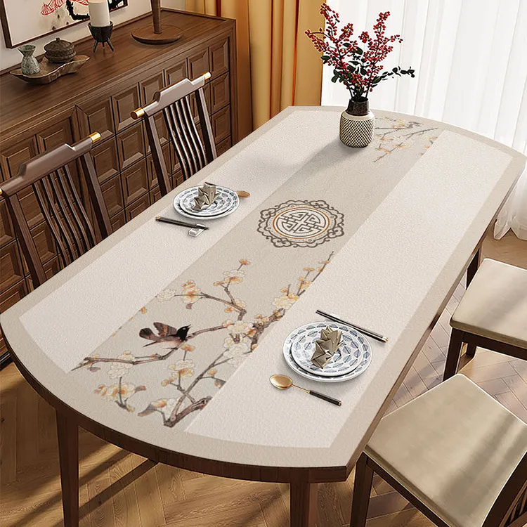 中式椭圆形餐桌布免洗防水防油防烫国风高档圆桌垫皮革茶几台布