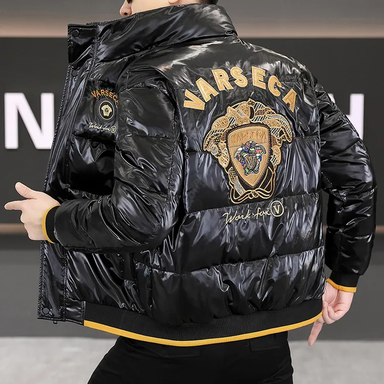 欧洲站2025冬季免洗棉服男士潮牌时尚立领刺绣亮面百搭修身棉衣