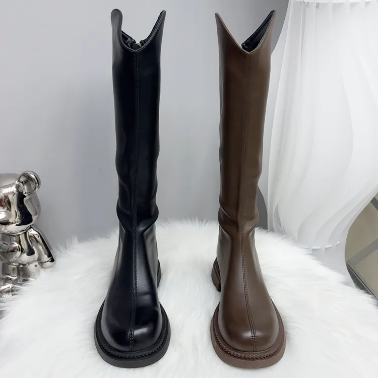 胖妹妹显瘦长靴子薄底高筒骑士靴女后拉链弹力加宽瘦瘦靴大码女靴