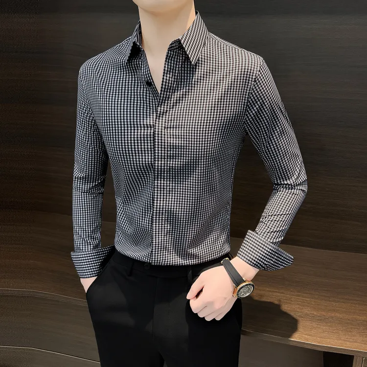 格子衬衫长袖男士爆款2024新款秋冬商务休闲高级感痞帅修身衬衣男