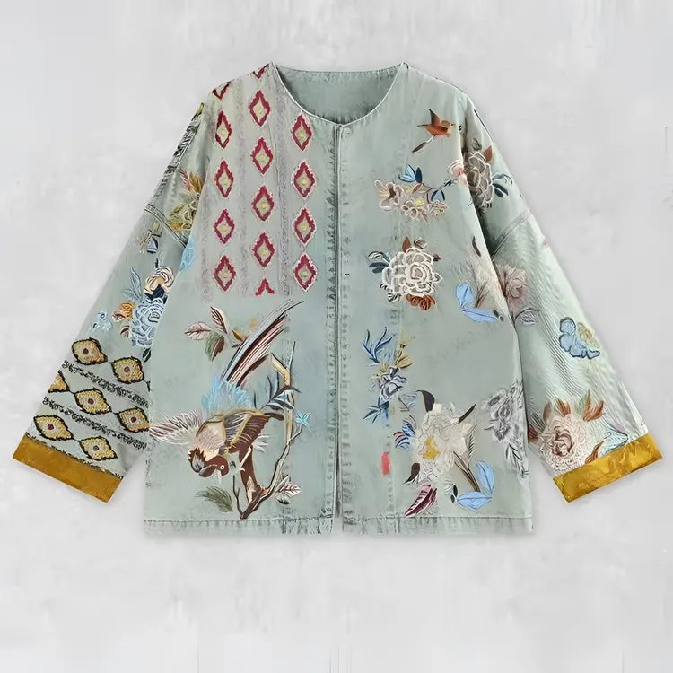 国风唐装复古牛仔外套女春秋款洋气时尚百搭新中式女装刺绣衣服