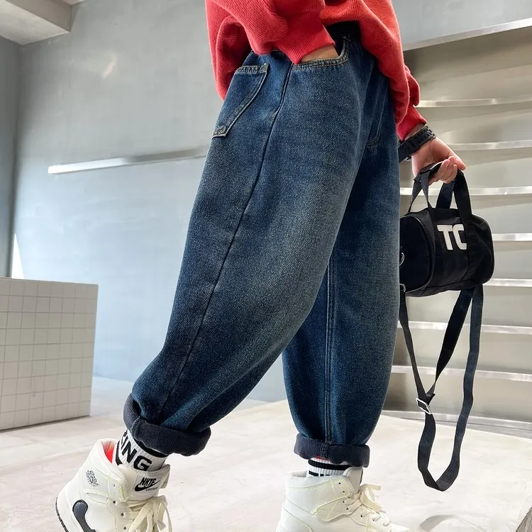 儿童保暖棉裤冬季加绒加厚一体绒牛仔裤高腰男女童洋气一条过冬