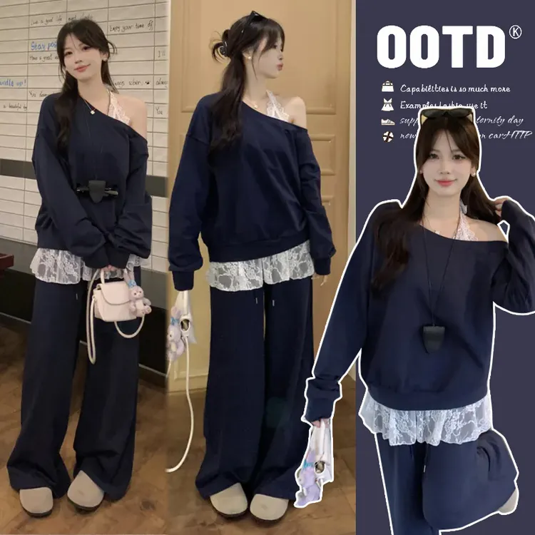 孕妇装秋季套装韩版蕾丝打底衫高级感气质卫衣阔腿裤子三件套秋装