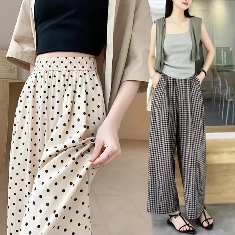 时尚设计感宽松高腰波点阔腿裤女2024新款垂感松紧腰休闲直筒裤女