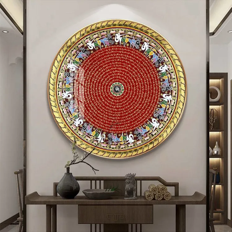 唐卡装饰画六字真言玄关入门西藏坛城佛堂心经圆形挂画楞严咒挂画
