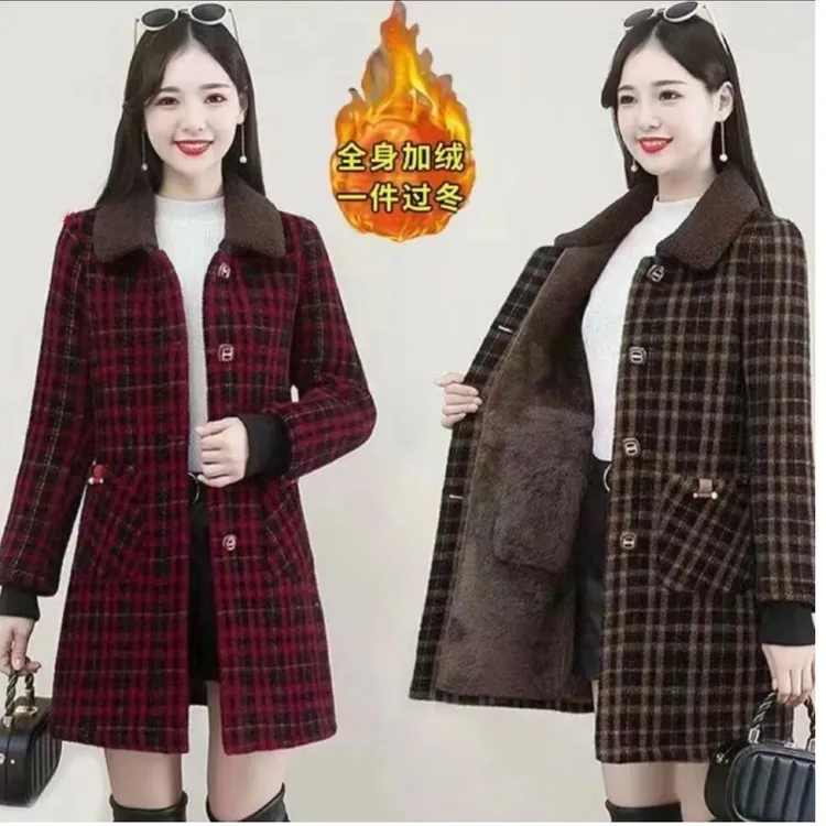 中长款加厚保暖格子妈妈款秋冬装大码洋气中长款外套加绒毛呢外套