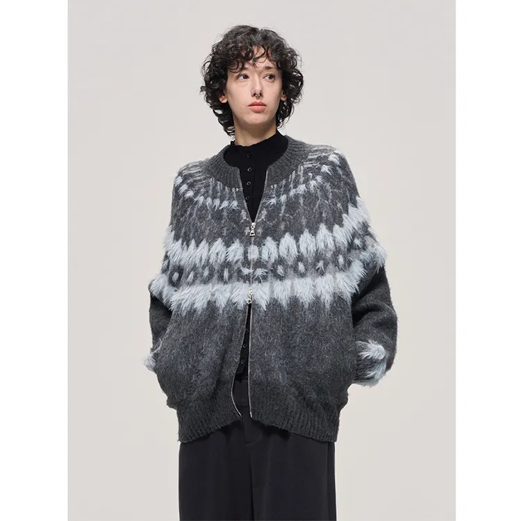 LIMPIDOCULUS仿马海毛混纺长毛蓝灰费尔岛开衫毛衣外套