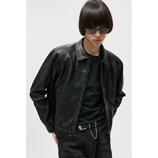 LIMPIDOCULUS水洗做旧黑手工擦色垫肩水洗做旧短款boxy皮衣