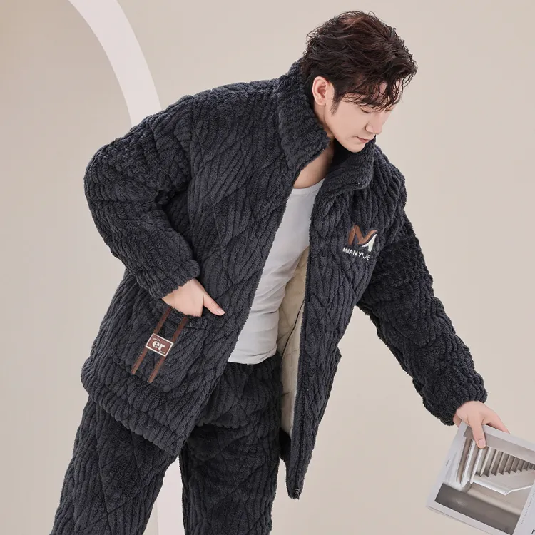 新款睡衣男珊瑚绒三层夹棉秋冬季加厚加绒款套装男士可外穿家居服