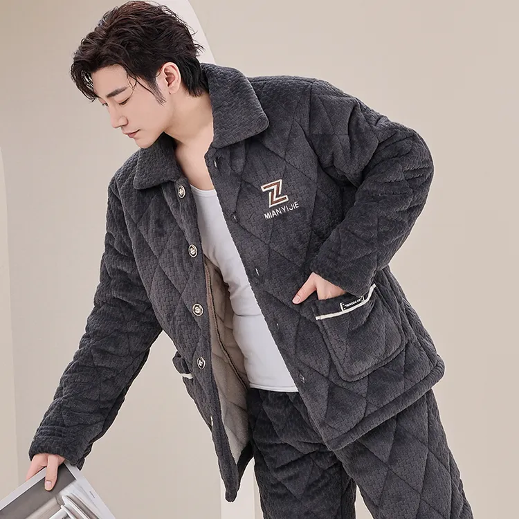 冬季男士睡衣冬季三层夹棉加绒加厚款可外穿男款珊瑚绒家居服套装