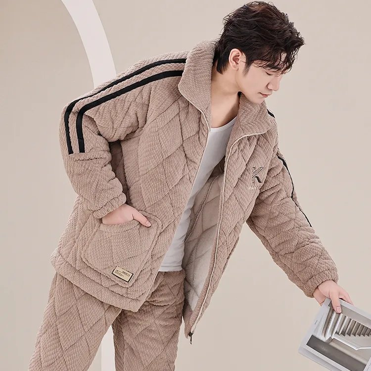 珊瑚绒睡衣男士秋冬款加厚加绒保暖三层夹棉冬季法兰绒家居服套装