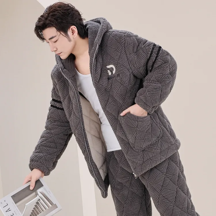 睡衣男士冬季加厚加绒珊瑚绒三层夹棉袄连帽保暖可外穿家居服套装
