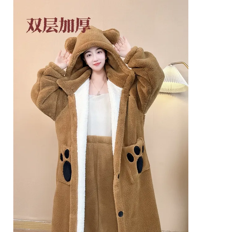 美拉德保暖睡衣家居服套装双层中长款睡袍毛绒浴袍加厚时尚男女款