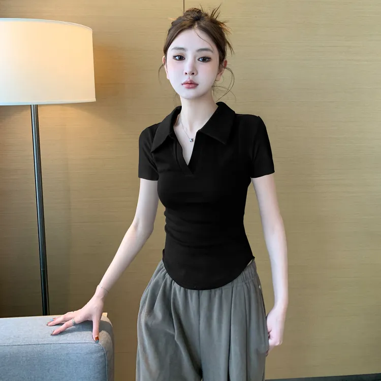 黑色polo领短袖t恤女夏2024新款显瘦修身设计感小众修身显瘦上衣