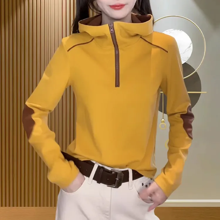 洋气减龄拼色连帽打底衫女2025秋冬新款半拉链长袖气质显瘦女上衣