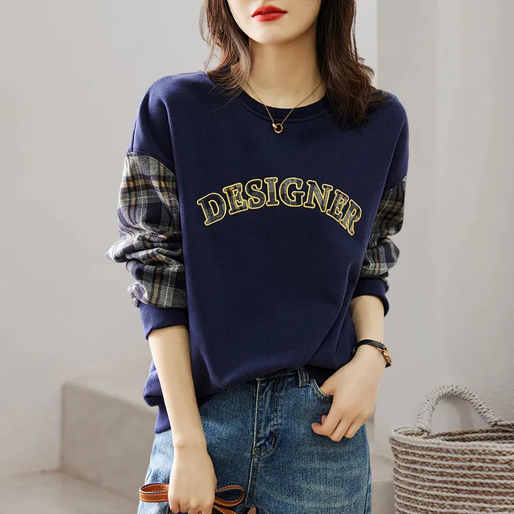 华棉卫衣女2025秋季新款拼接格纹设计贴布绣字母工艺宽松显瘦上衣