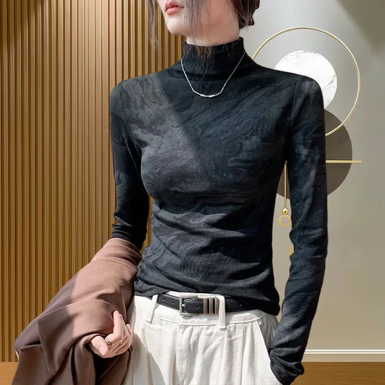 2025秋冬扎染水墨画半高领打底衫女时尚保暖内搭修身长袖显瘦上衣