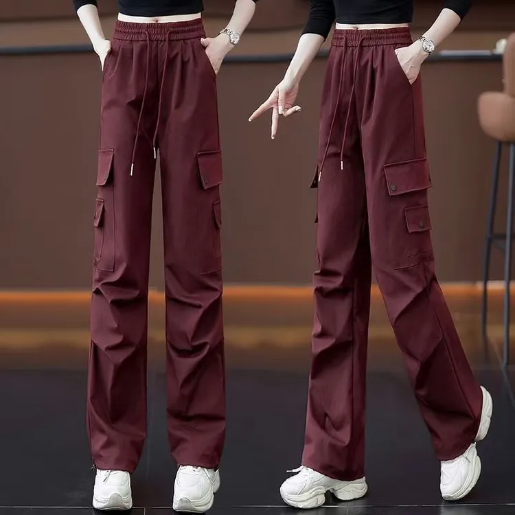 春秋新款高腰工装裤女休闲宽松显瘦抽绳直筒美式高街阔腿运动裤女