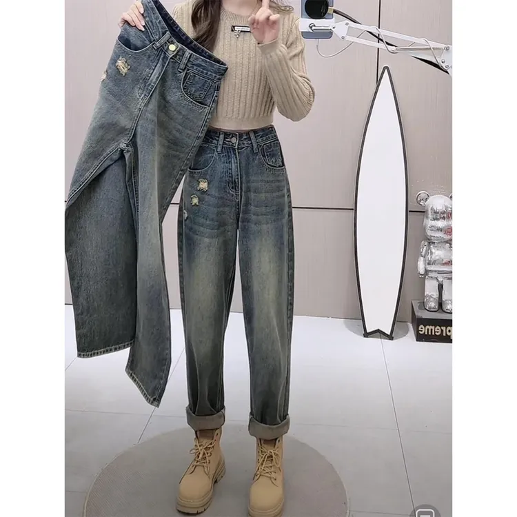 复古哈伦牛仔裤子秋季女2023新款大码胖mm宽松显瘦破洞萝卜老爹裤