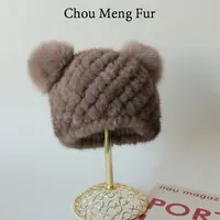 米奇耳双球帽子水貂毛编织皮草帽子冬季保暖狐狸毛毛球护耳真毛帽
