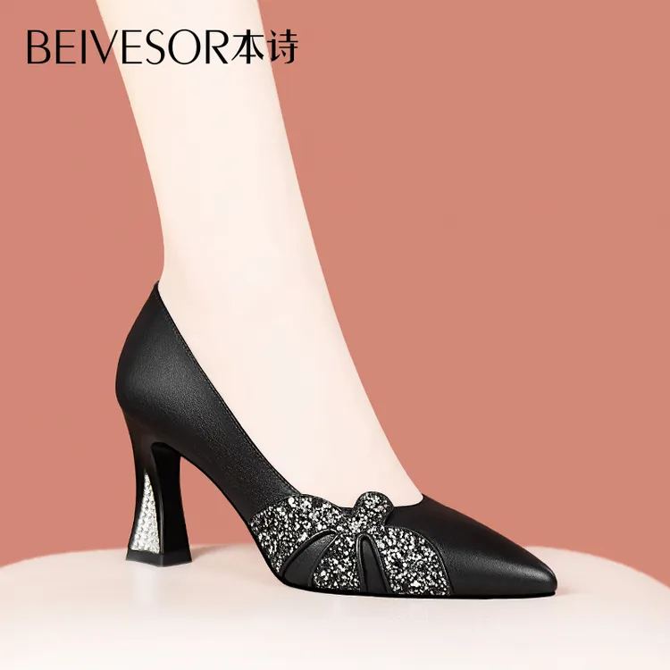 轻奢鞋子女春秋新款女士小单鞋黑色软皮真皮高跟鞋优雅水钻粗跟鞋