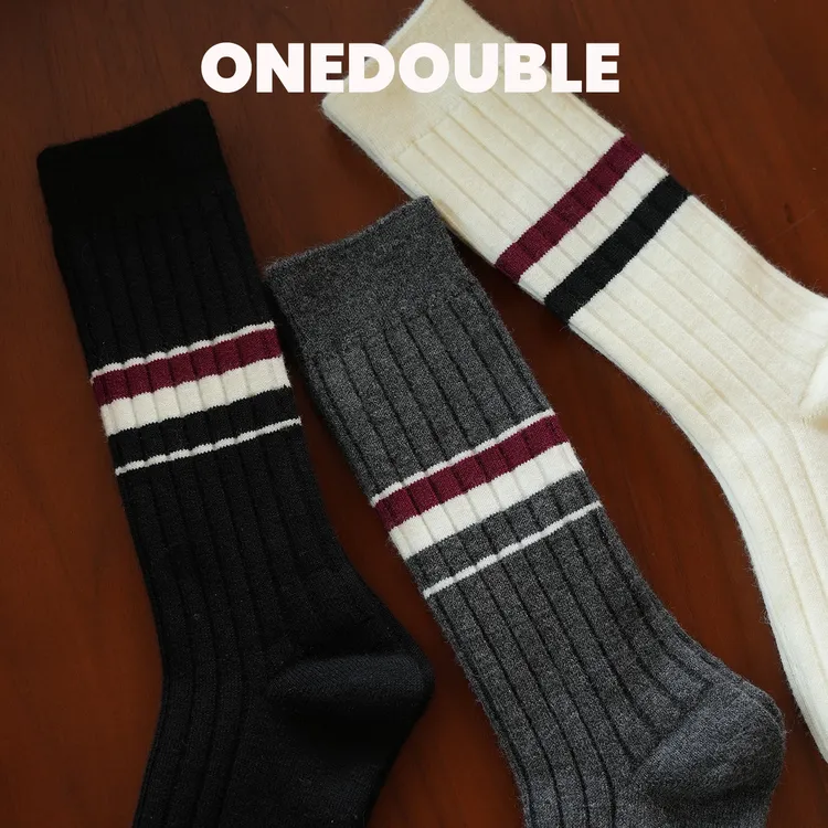 拉绒羊毛袜长筒袜百搭堆堆袜加厚保暖TB风条纹袜女袜袜子